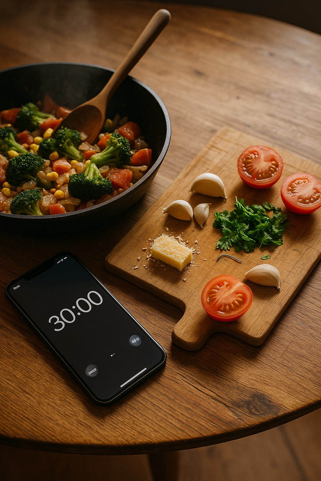 Fresh ingredients and stir-fry in progress with 30-minute timer
